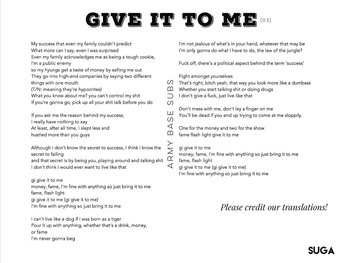 Lyrics Agust D Give It To Me Eng Army Base